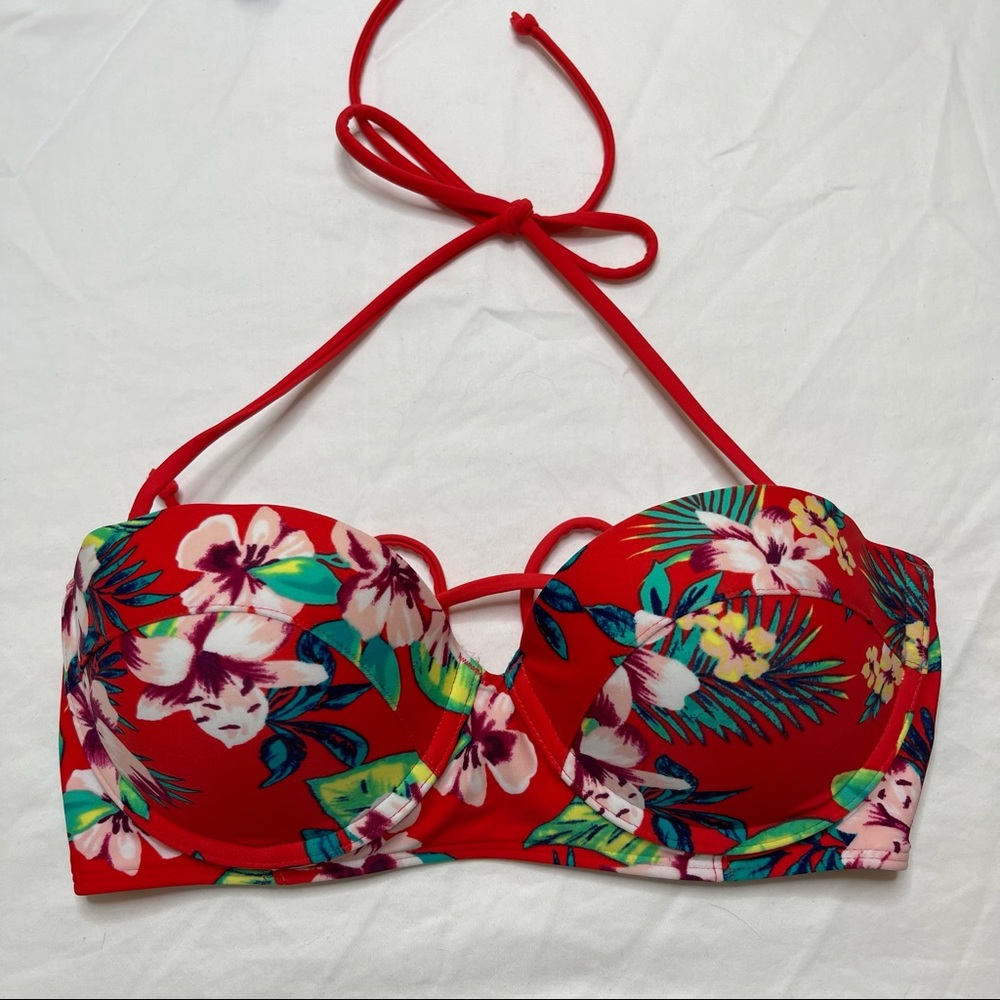 Floral Red Bandeau Halter Swim Top